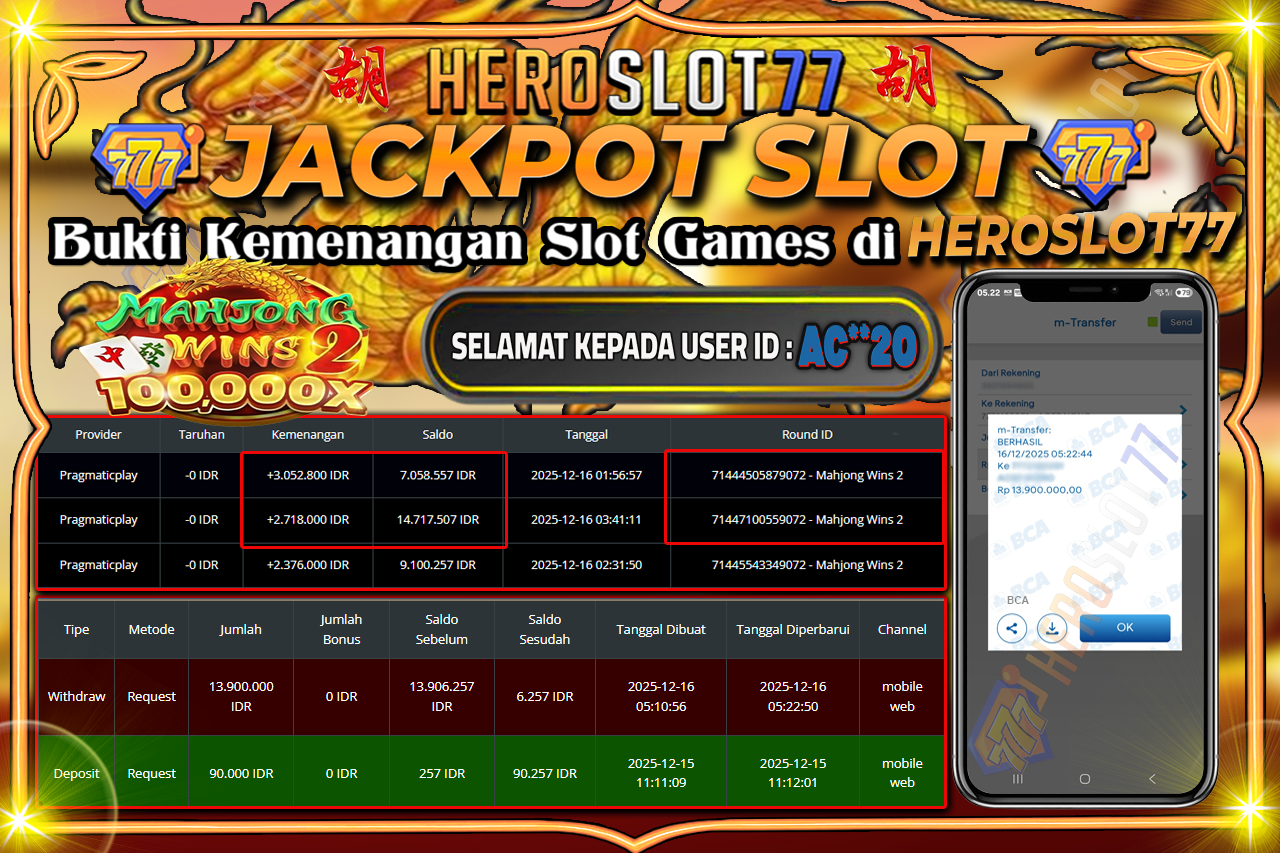 HEROSLOT77 JACKPOT MAHJONG WINS 2 - PRAGMATICPLAY Rp 9.500.000.- LUNAS!!!